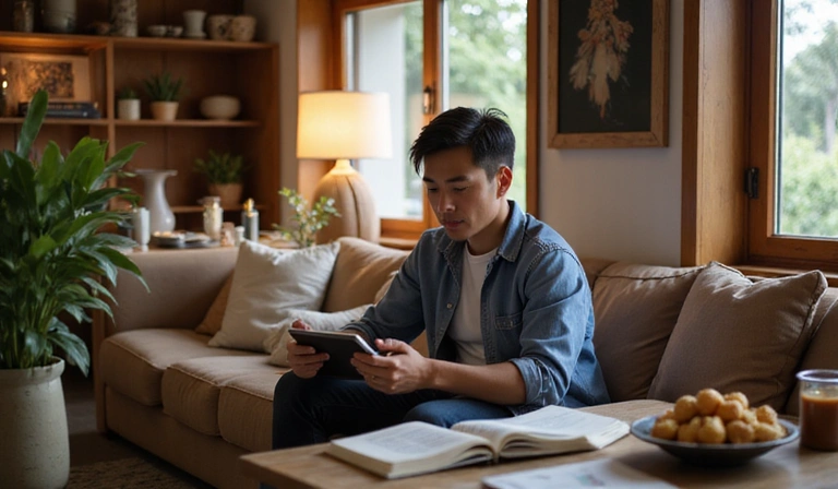 Person reading a book or tablet in a cozy, healthy environment