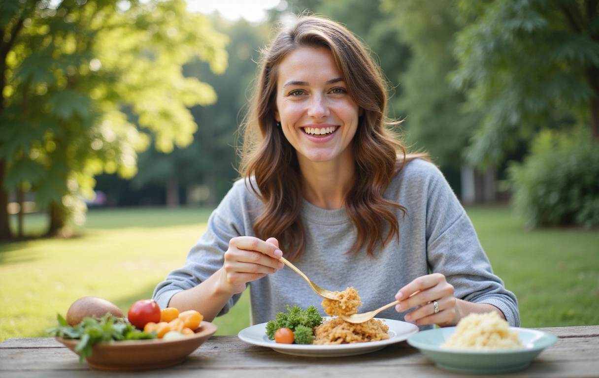 Happy, healthy person enjoying a balanced meal in a natural setting, no text