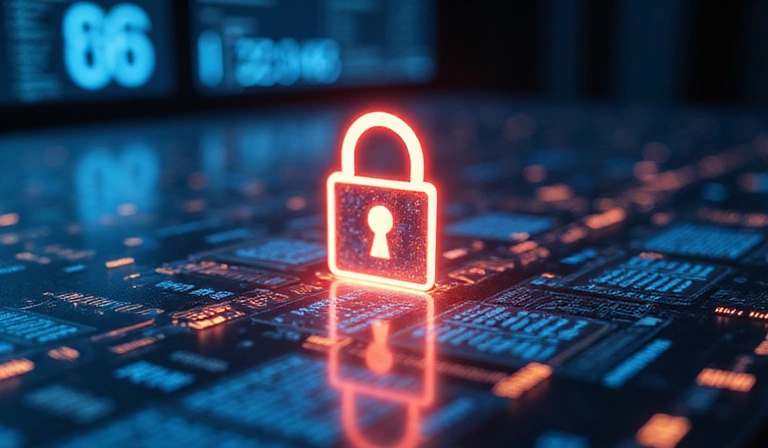 Digital privacy concept with a padlock icon on a screen and data flowing securely