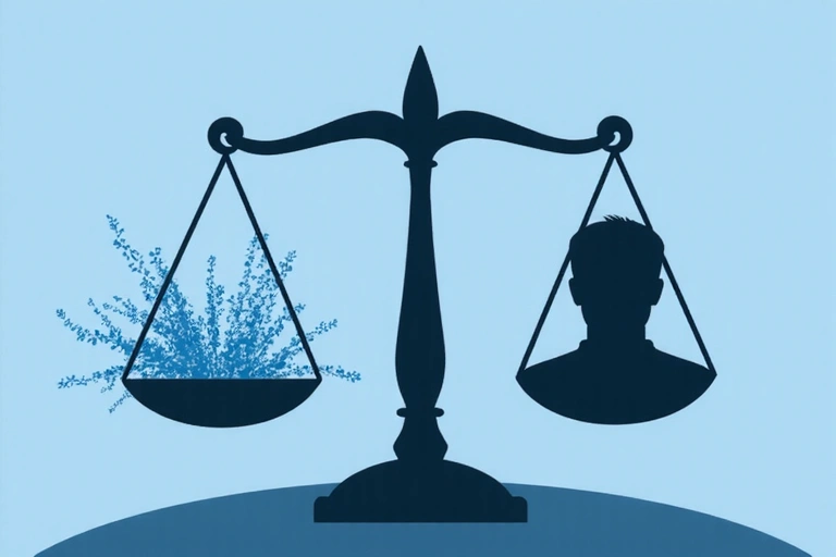 Legal scales balancing with digital data on one side and a person on the other