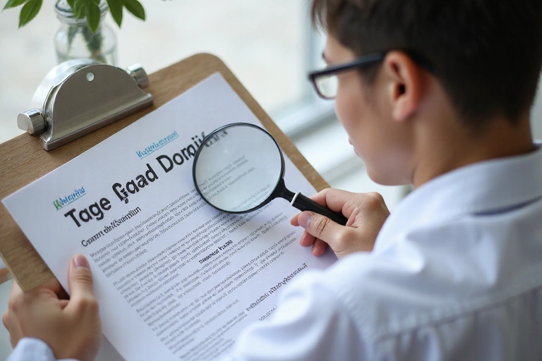 Person reading a legal document with a magnifying glass